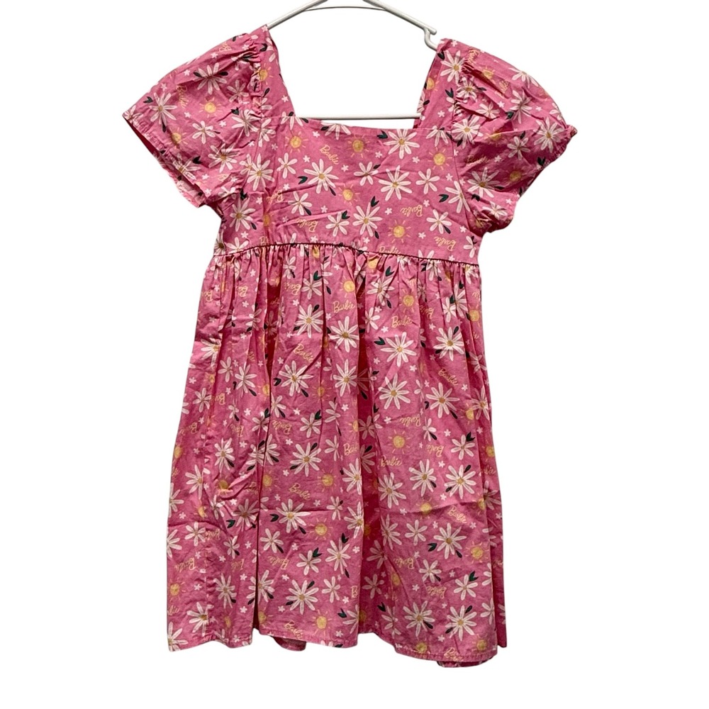Barbie Girls Pink Daisy Sun Print Cotton Smocked Puff Sleeve Dress Size M 8